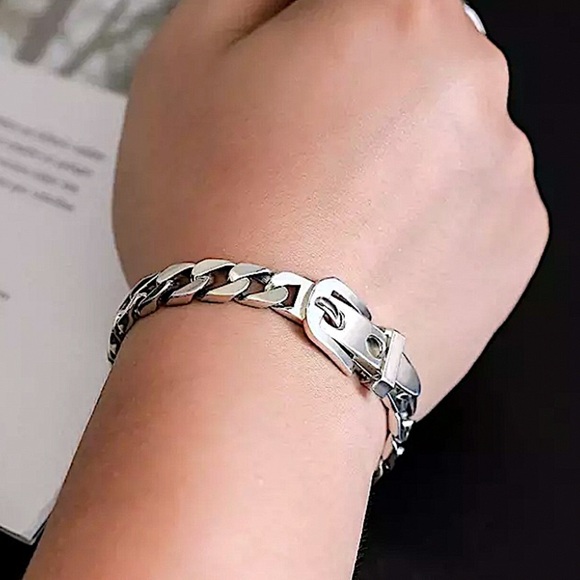 Belt Buckle Sterling Silver Bracelet Chain Link Unisex - Picture 2 of 8
